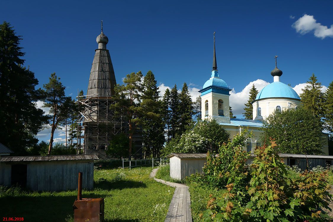 Храмовый комплекс. Церкви Рождества Христова и Покрова Пресвятой Богородицы, Большая Шалга, урочище (Каргопольский район, Архангельская область). общий вид в ландшафте