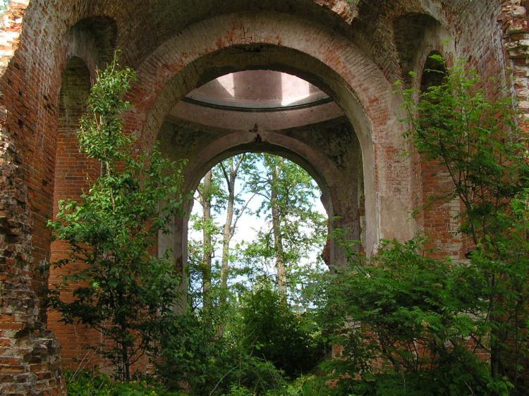 Церковь Никиты мученика, Казариново (Малоярославецкий район, Калужская область). архитектурные детали, Вид изнутри. Храм пытались разобрать на кирпичи (в советское время)