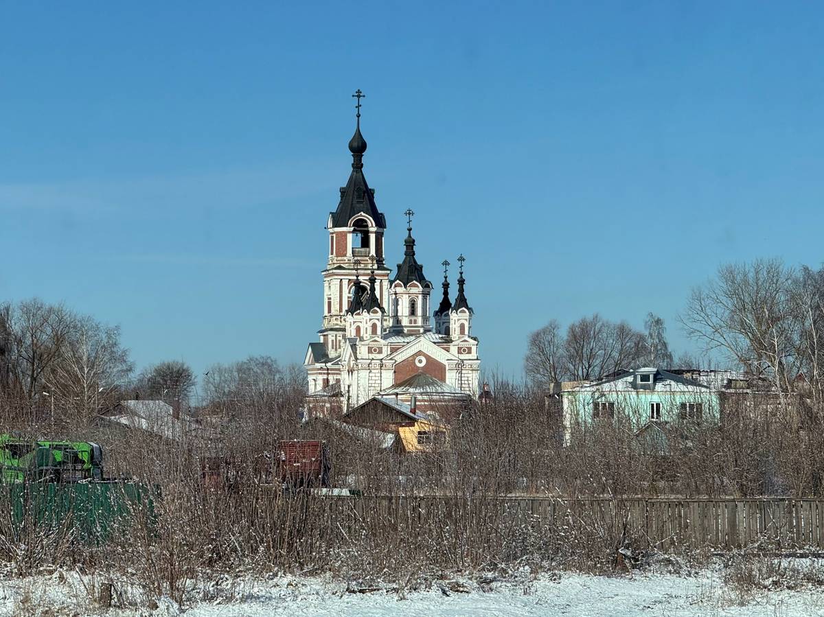 Вид из-за села, общий вид в ландшафте. Церковь Покрова Пресвятой Богородицы, Большое Туманово (Арзамасский район и г. Арзамас, Нижегородская область)