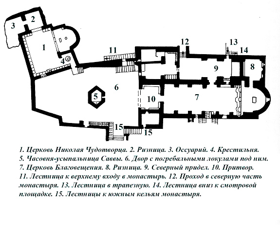 Саввы Освященного, Лавра, Иудейская пустыня, Вади Кедрон (Палестина, Прочие страны). графика, Единственный существующий план-схема центральной части монастыря. Впервые опубликован французским исследователем Симоном Вэле в 1897 г.