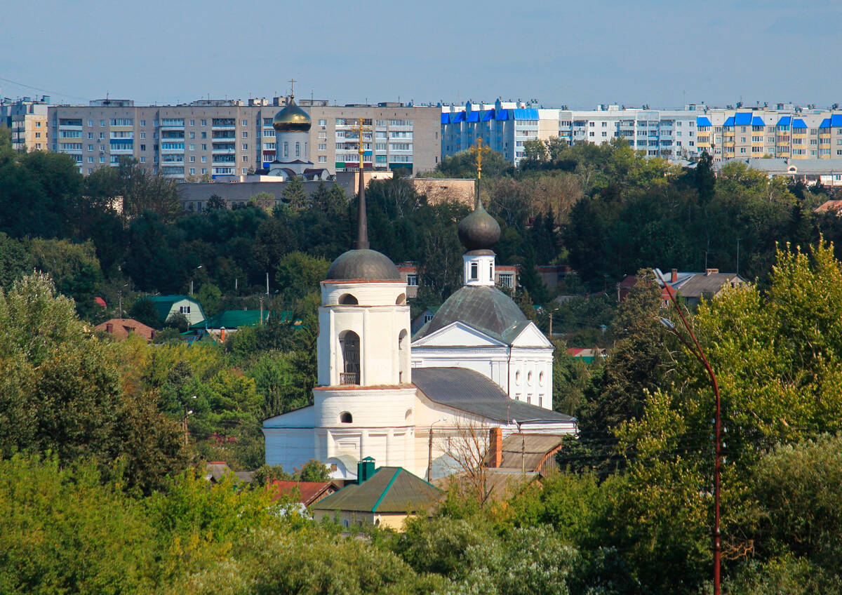 Церковь Троицы Живоначальной, Мценск (Мценский район и г. Мценск, Орловская область). общий вид в ландшафте, Вид с городища, вдали левее видна Покровская церковь