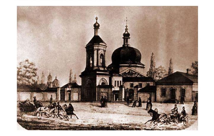 Вид на Екатерининскую церковь и монастырь после 1860 г., графика. Екатерининский Греческий монастырь, Подол (Подольский район, Украина, г. Киев)