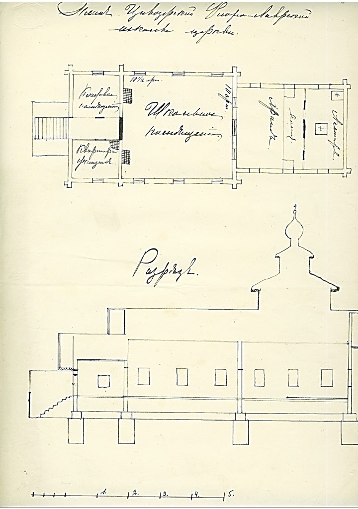 Колокольня церкви Флора и Лавра, Цивозерский Погост (Красноборский район, Архангельская область). графика, Школа и церковь. Обмерный чертёж 1909 г. из фондов Сольвычегодского  музея-заповедника. (ГК № 11006700)