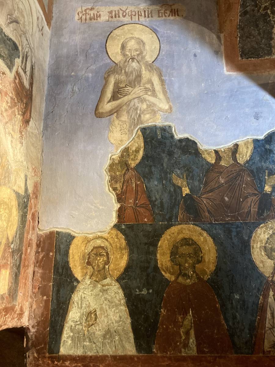 Фреска "Онуфрий Великий", интерьер и убранство. Зверин монастырь. Церковь Симеона Богоприимца, Великий Новгород (Великий Новгород, город, Новгородская область)