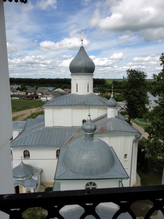 Иоанно-Богословский Савво-Крыпецкий мужской монастырь. Собор Иоанна Богослова, Крыпецкое (Псковский район, Псковская область). архитектурные детали, Главы собора (вид с колокольни Успенской церкви)