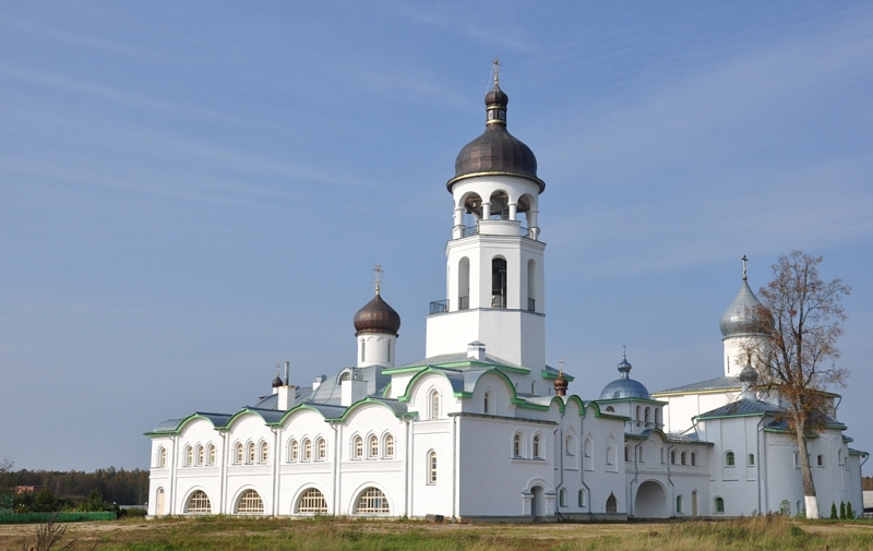 Иоанно-Богословский Савво-Крыпецкий мужской монастырь. Церковь Успения Пресвятой Богородицы и Иоанна Лествичника, Крыпецкое (Псковский район, Псковская область). общий вид в ландшафте, Храм Успения Божией Матери с колокольней