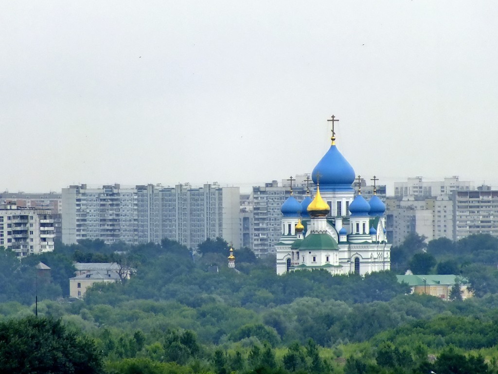 Печатники. Николо-Перервинский монастырь. Собор Иверской иконы Божией Матери. общий вид в ландшафте, Вид на храм из Коломенского