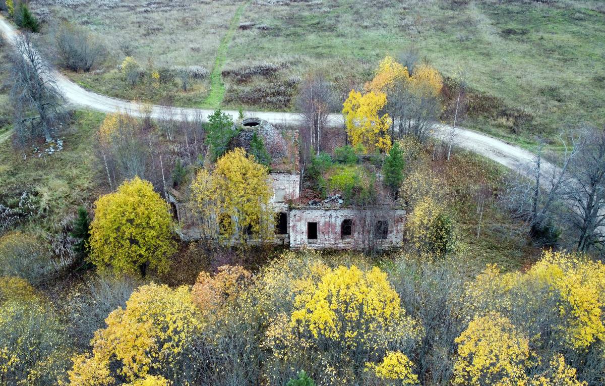 общий вид в ландшафте. Церковь Происхождения честных древ Креста Господня, Спасское, урочище (Сямженский район, Вологодская область)