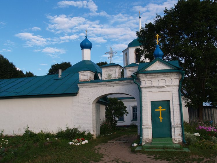Введенский монастырь, Владимирец (Островский район, Псковская область). общий вид в ландшафте, Церковная ограда и храм.
