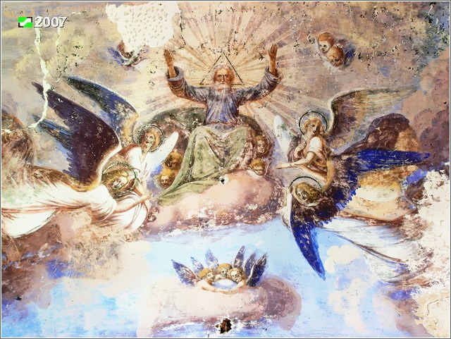 Церковь Смоленской иконы Божией Матери, Веретьево, урочище (Камешковский район, Владимирская область). интерьер и убранство, Интерьер нижнего яруса церкви. Основной объём, фрагмент росписи коробового свода помещения