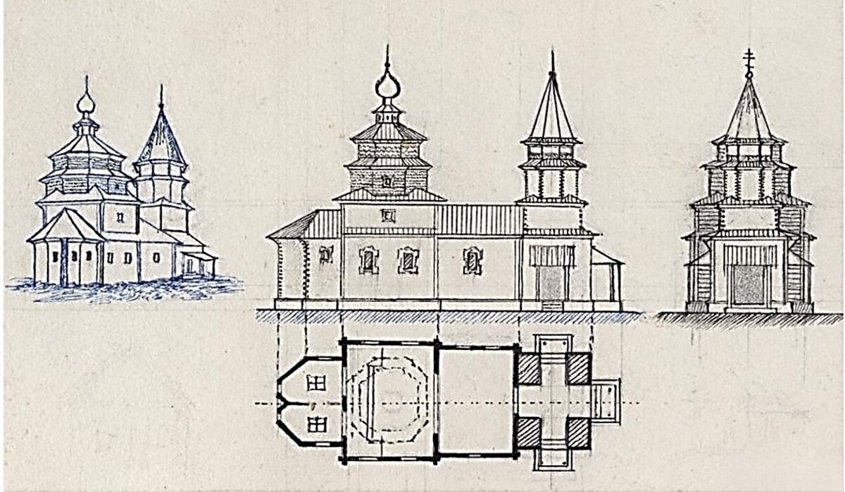 Церковь Спаса Преображения, Куженкино (Бологовский район, Тверская область). графика, Обмерный чертёж Виноградова А. Н. 1887 г. из фондов Музея при Российской академии художеств. (Табл. XVII. Музейный № А-5275)