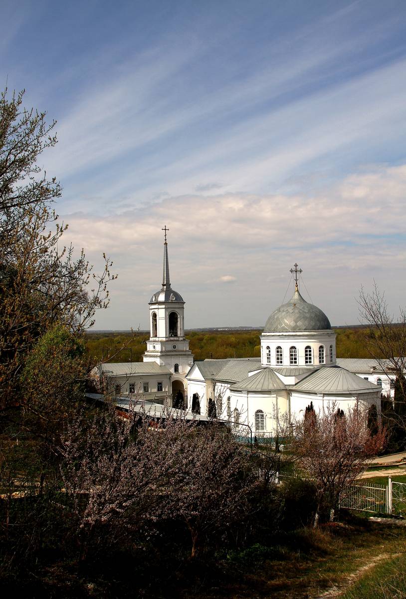 общий вид в ландшафте. Успенский Дивногорский мужской монастырь. Церковь Успения Пресвятой Богородицы, Дивногорский Монастырь, посёлок (Лискинский район, Воронежская область)