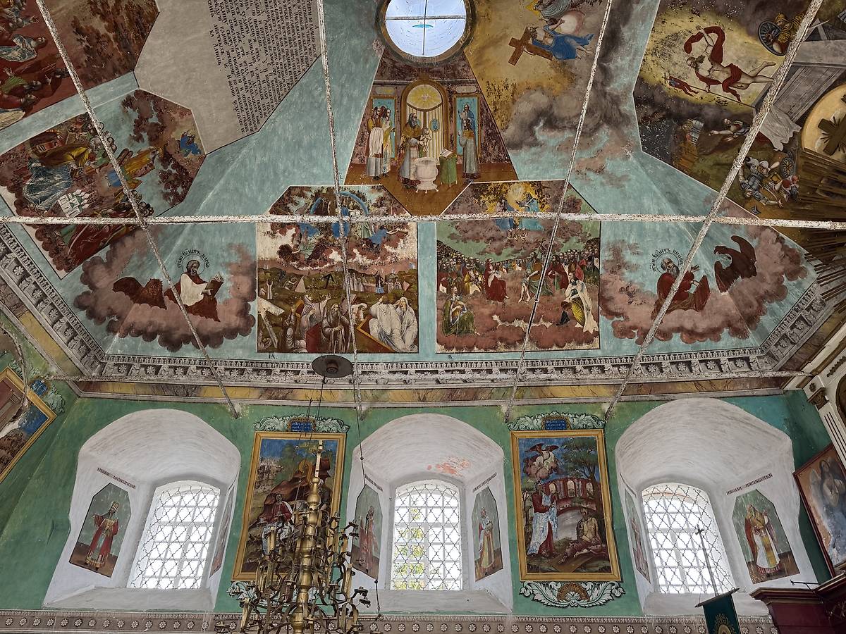 Верхний храм, роспись свода и северной стены, интерьер и убранство. Церковь Благовещения Пресвятой Богородицы, Дмитриево (Череповецкий район, Вологодская область)