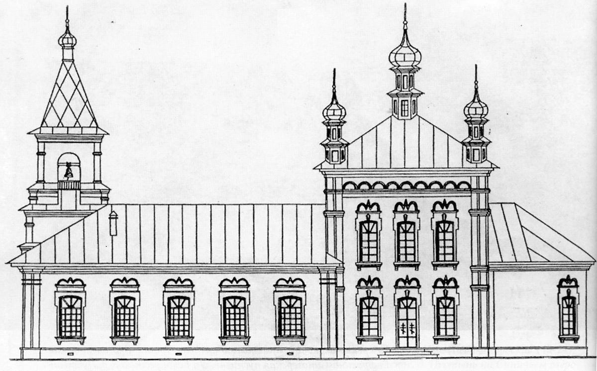 Реконструкция О.А.Гусева, графика. Церковь Покрова Пресвятой Богородицы, Сазоново (Чагодощенский район, Вологодская область)