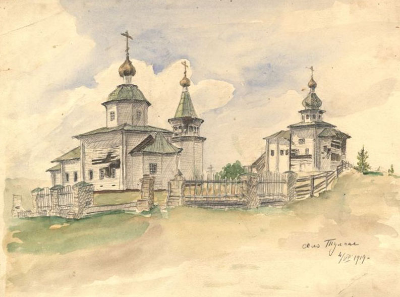 Храмовый комплекс Тулгасского погоста, Масловская (Тулгас) (Виноградовский район, Архангельская область). графика, рисунок Степана Григорьевича Писахова