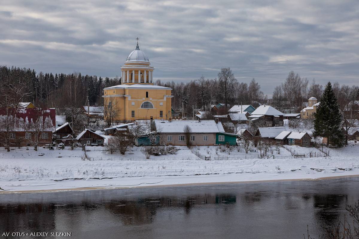 Вид из Любытина, из усадебного парка, общий вид в ландшафте. Собор Успения Пресвятой Богородицы, Бор (Любытинский район, Новгородская область)