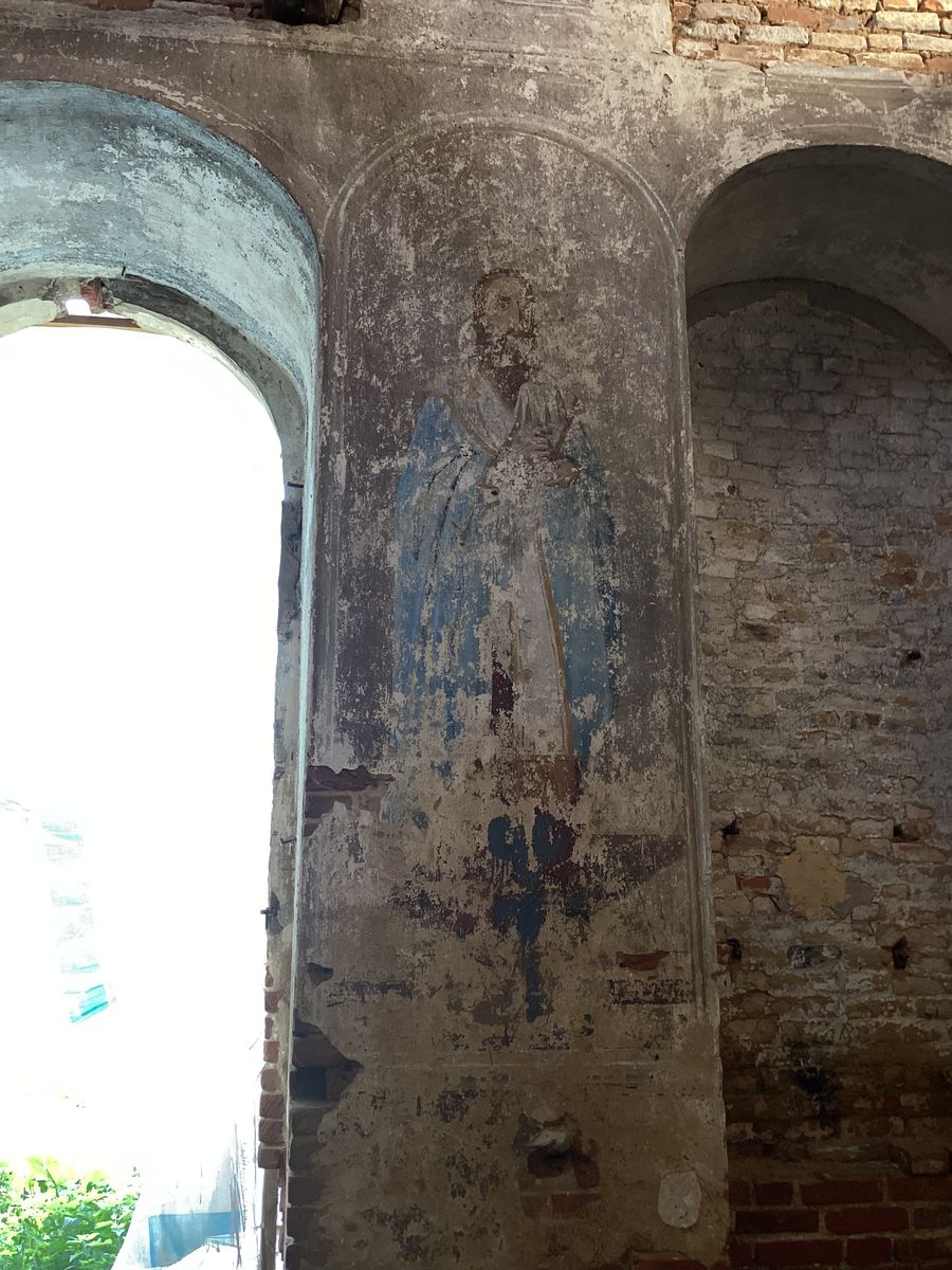 Фреска на северной стене основного объема, интерьер и убранство. Церковь Георгия Победоносца, Закопы (Каменский район, Тульская область)