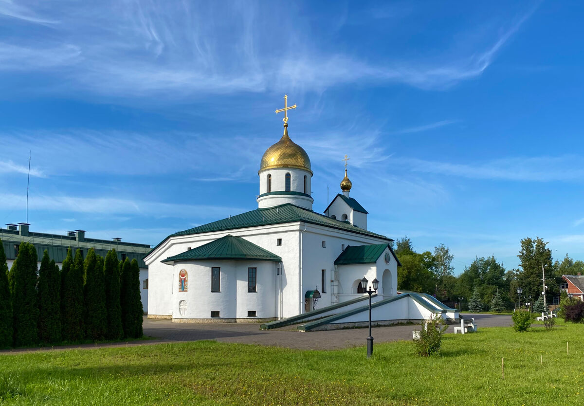 Собор Троицы Живоначальной (новый), Колпино (Санкт-Петербург, Колпинский район, г. Санкт-Петербург). общий вид в ландшафте, Вид с рампы моста через Ижорский пруд