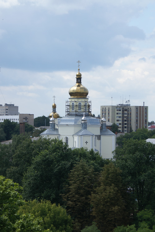 Кафедральный собор Рождества Христова, Коростень (Коростенский район, Украина, Житомирская область). общий вид в ландшафте, Вид на Ольгинскую церковь с городища, противоположного берега реки Уж.