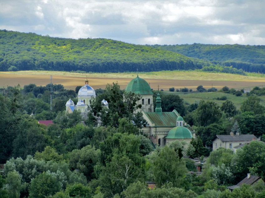 Церковь Троицы Живоначальной, Олесько (Золочевский район, Украина, Львовская область). общий вид в ландшафте, На фоне Успенской церкви XV в., вид от Олеського замка