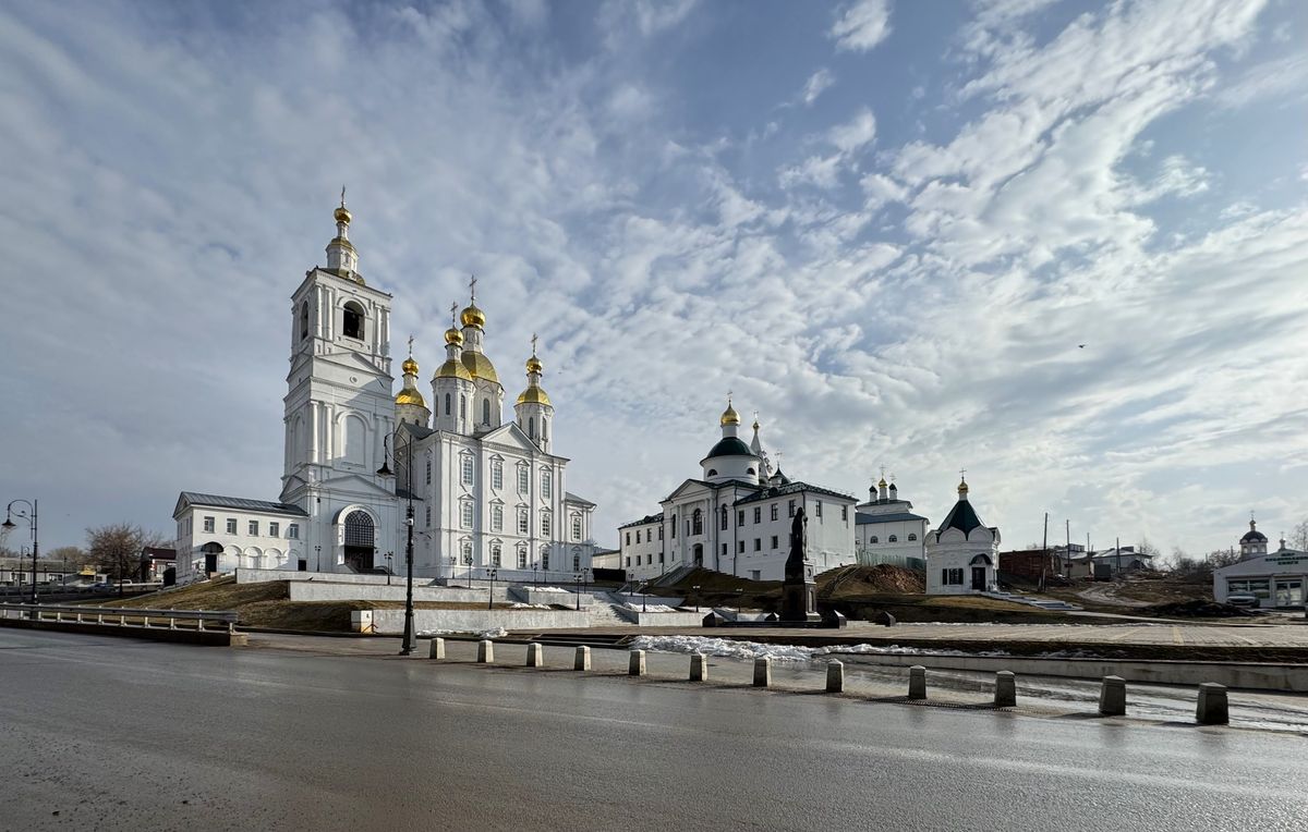 Вид со Спасской улицы, общий вид в ландшафте. Спасо-Преображенский монастырь, Арзамас (Арзамасский район и г. Арзамас, Нижегородская область)