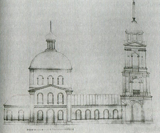 Колокольня церкви Воскресения Христова, Воскресенский погост (Калязинский район, Тверская область). графика, Церковь Воскресения (чертеж 1854 г.). Рис. из издания Свод памятников архитектуры и монументального искусства России / Гос. институт искусствознания Министерства культуры РФ. - М. : Наука, 1997. :  https://hram-tver.ru/index.php/khramy-tverskoj-oblasti/kalyazinskij-rajon/598-tufanovo-pogost-voskresenskij-v-zavolnozhe-voskresenskaya-tserkov