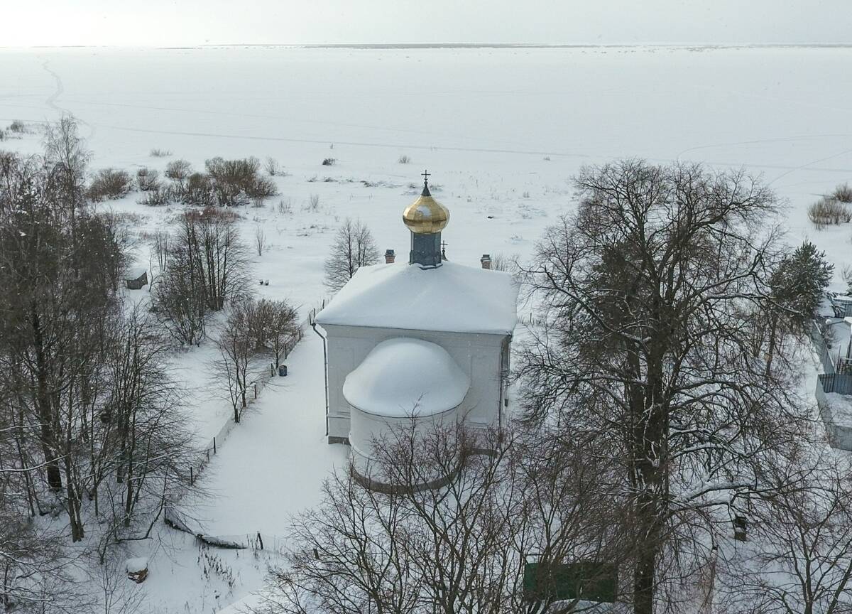 Церковь Николая Чудотворца, Наволок (Новгородский район, Новгородская область). общий вид в ландшафте, аэросъемка, обзорный вид сверху