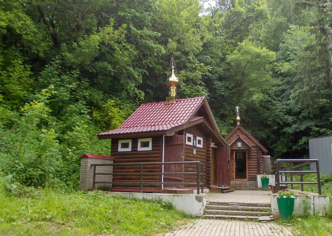 Часовня Троицы Живоначальной при Всехсвятской церкви, Гороховец (Гороховецкий район, Владимирская область). общий вид в ландшафте, Общий вид святого источника: купальня (слева), построена в 2004-2006 гг. и часовня, 2008 г. постройки