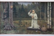 Вознесенский Флоровский женский монастырь. Церковь Николая Чудотворца (Тихвинская), На северо-восточной стене крытой паперти, примыкающей с юго-востока к алтарю, во 2-й пол. ХХ в. выполнена роспись «Моление прп. Серафима Саровского на камне»<br>, Подол, Подольский район, Украина, г. Киев