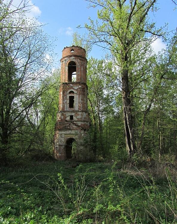 Церковь Успения Пресвятой Богородицы, Федосово (Феодосово), урочище (Ферзиковский район, Калужская область). общий вид в ландшафте, северный фасад колокольни, единственная сторона, которую летом можно свободно разглядеть сквозь листву с расстояния в сотню шагов