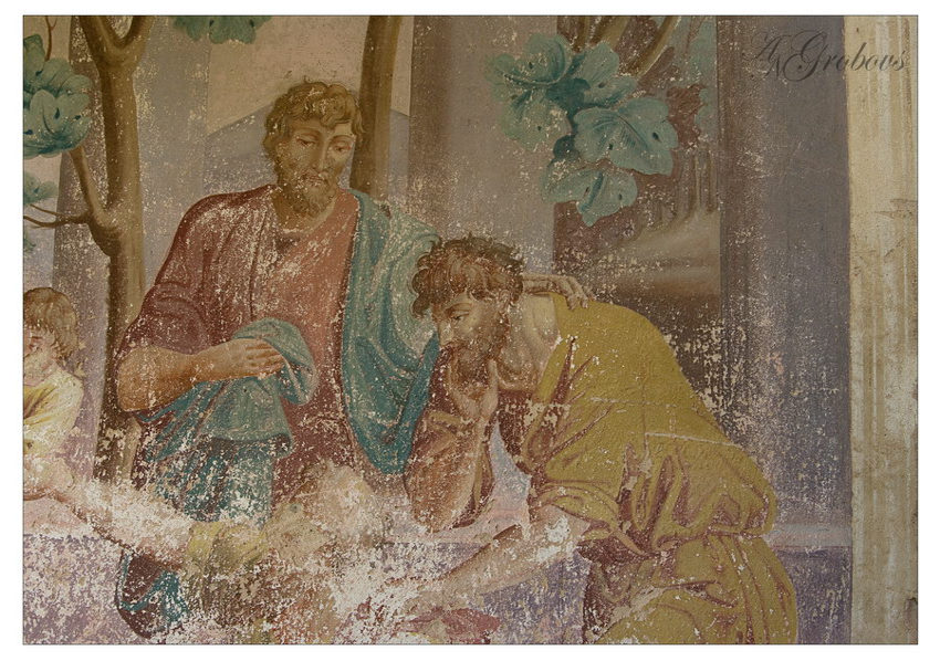 Церковь Георгия Победоносца, Георгиевское (Борисоглебский район, Ярославская область). интерьер и убранство, роспись колокольни при входе в храм