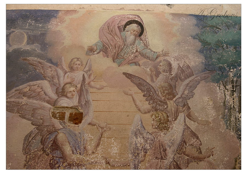 Церковь Георгия Победоносца, Георгиевское (Борисоглебский район, Ярославская область). интерьер и убранство, роспись колокольни при входе в храм