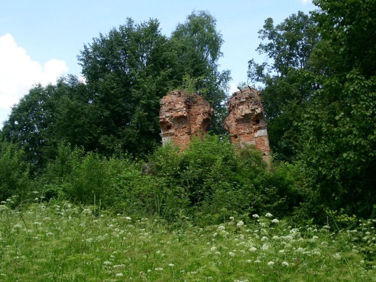 Григорьевское. Церковь Спаса Преображения. фасады, руина отдельно стоящей колокольни, вид с юга