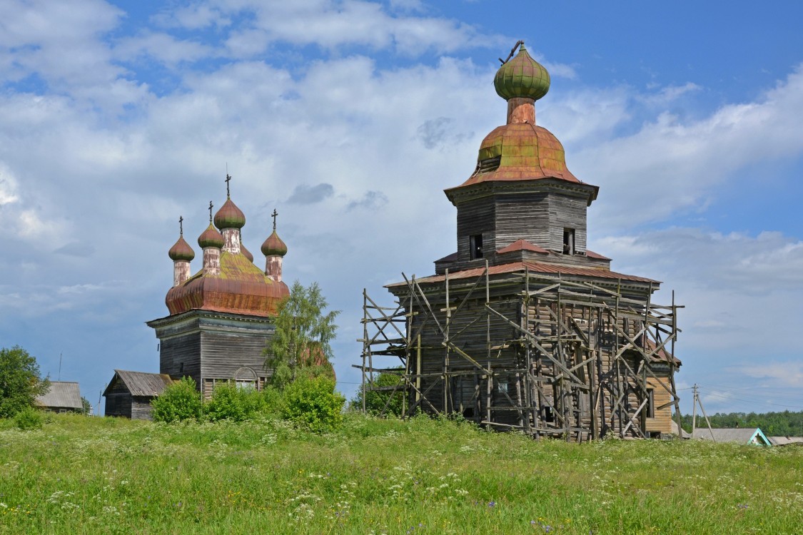 Храмовый комплекс Архангельского прихода, Шелоховская (Архангело) (Каргопольский район, Архангельская область). общий вид в ландшафте, Общий вид с юго-запада