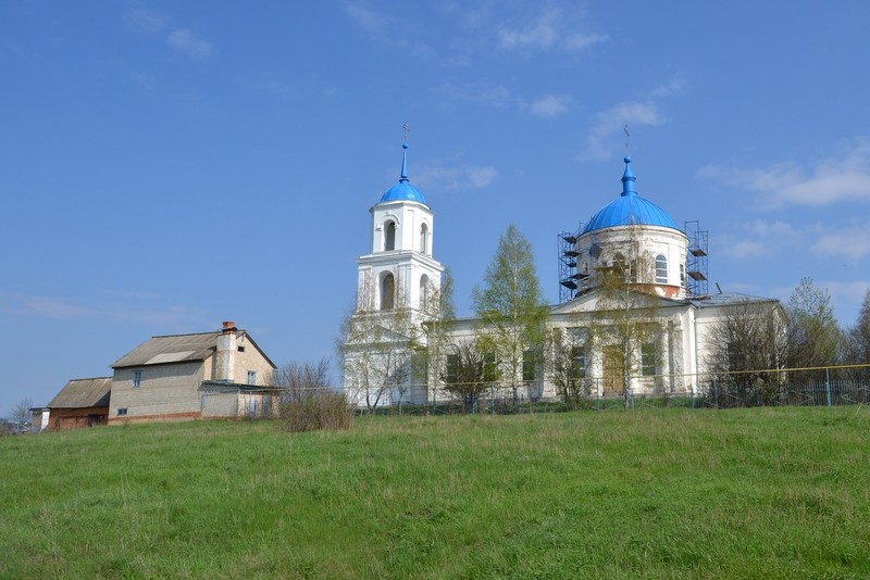 Казарь. Церковь Рождества Пресвятой Богородицы. общий вид в ландшафте