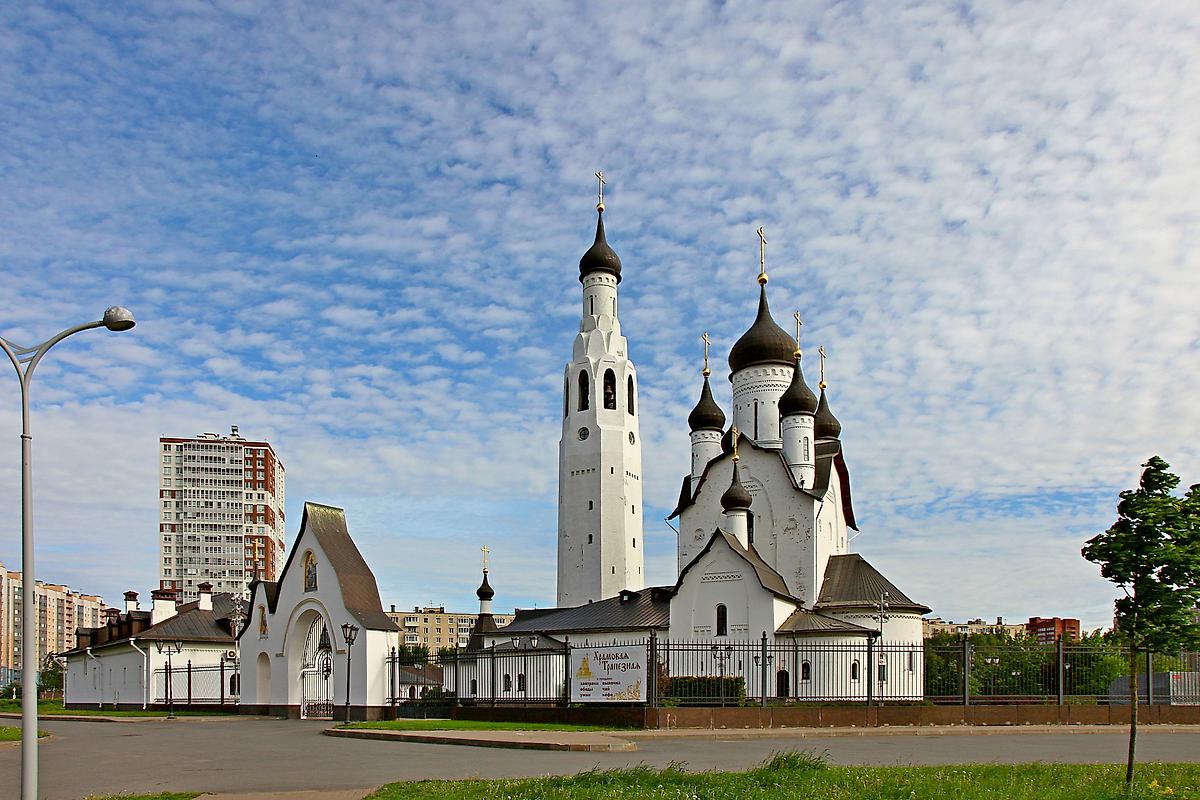общий вид в ландшафте. Церковь Петра апостола, Невский район (Санкт-Петербург, г. Санкт-Петербург)