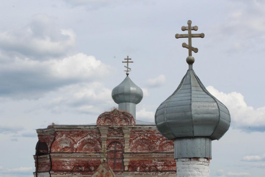 Артемиев Веркольский монастырь, Веркола (Новый Путь) (Пинежский район, Архангельская область). архитектурные детали, Купола Артемьевского храма (справа) и Успенского собора. Вид с колокольни Артемьевского храма.