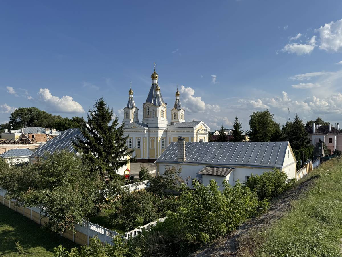 Вид с моста через Мухавец, общий вид в ландшафте. Кафедральный собор Александра Невского, Кобрин (Кобринский район, Беларусь, Брестская область)