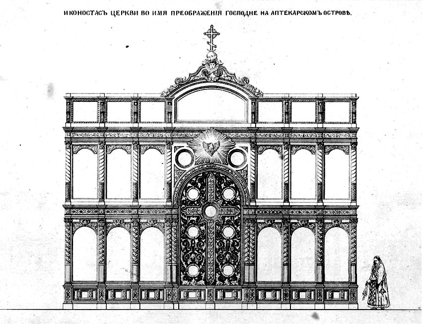 Петроградский район. Церковь Спаса Преображения на Аптекарском острове. архивная фотография, Иконостас, чертеж К.А.Тона. Из альбома 