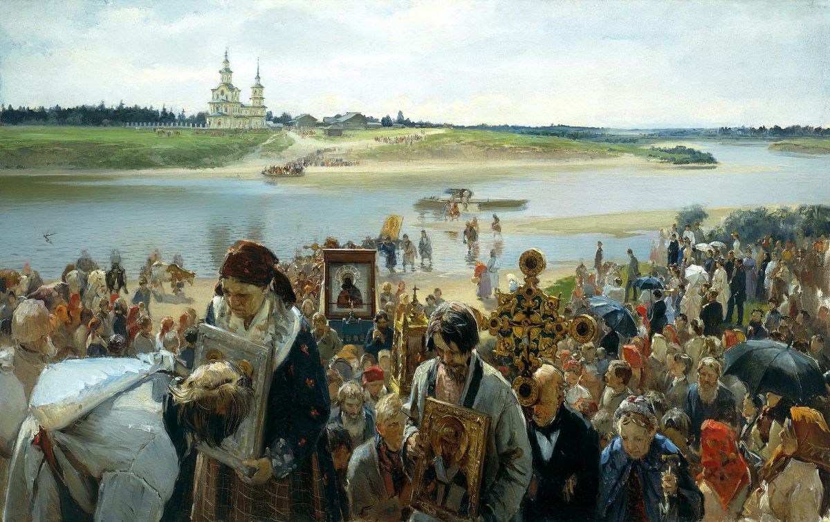 Церковь Покрова Пресвятой Богородицы, Покрово (Покровское), урочище (Лузский район, Кировская область). графика, Покровская церковь на картине «Крестный ход» (1893, Илларион Михайлович Прянишников)