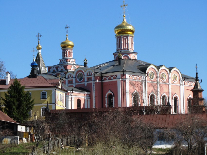 Иоанно-Богословский монастырь. Собор Успения Пресвятой Богородицы, Пощупово (Рыбновский район, Рязанская область). общий вид в ландшафте, вид с юго-запада, левее - завершения Иоанно-Богословского собора, Тихвинской церкви, Борисоглебской церкви