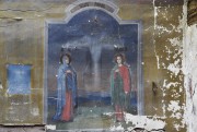 Церковь Покрова Пресвятой Богородицы, Фрагмент храмовой живописи: Распятие Христово (любопытно, что распятие было вырезано отдельно и наложено поверх росписи)<br>, Худяково, Городецкий район, Нижегородская область