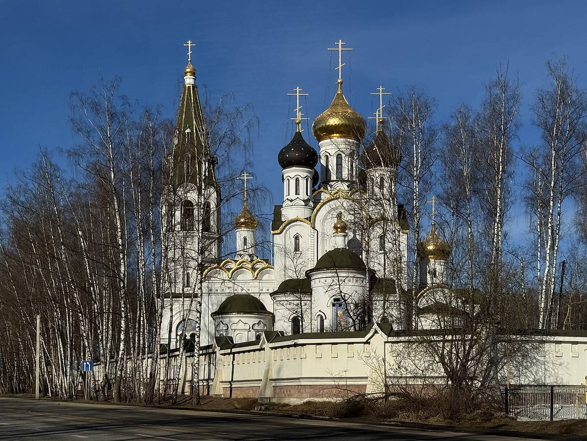 Вид через трассу с востока, общий вид в ландшафте. Церковь Александра Невского, Княжье Озеро (Истринский городской округ и ЗАТО Восход, Московская область)