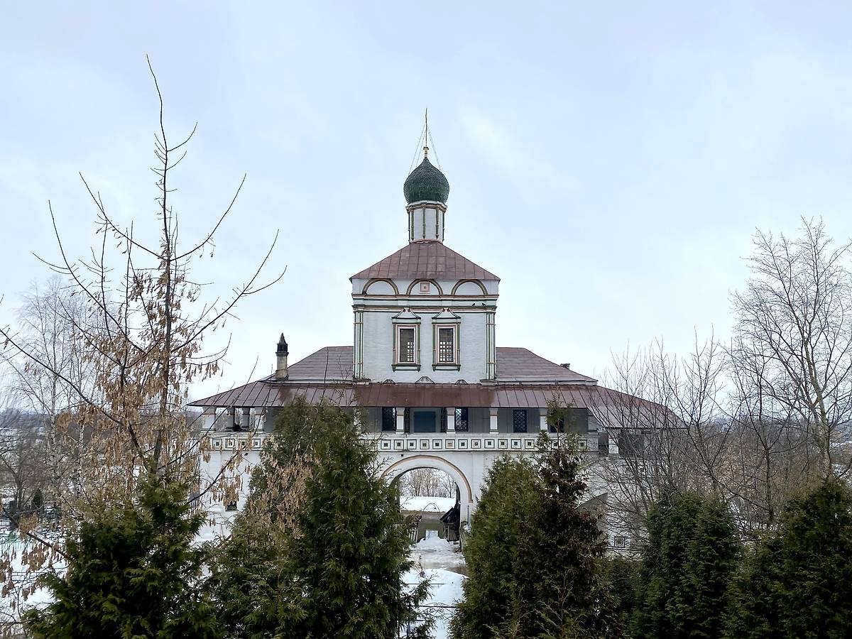 Вид с севера с гульбища собора, общий вид в ландшафте. Краснохолмская Ново-Соловецкая Марчуговская пустынь. Церковь Зосимы и Савватия Соловецких, Фаустово (Красный холм) (Воскресенский городской округ, Московская область)