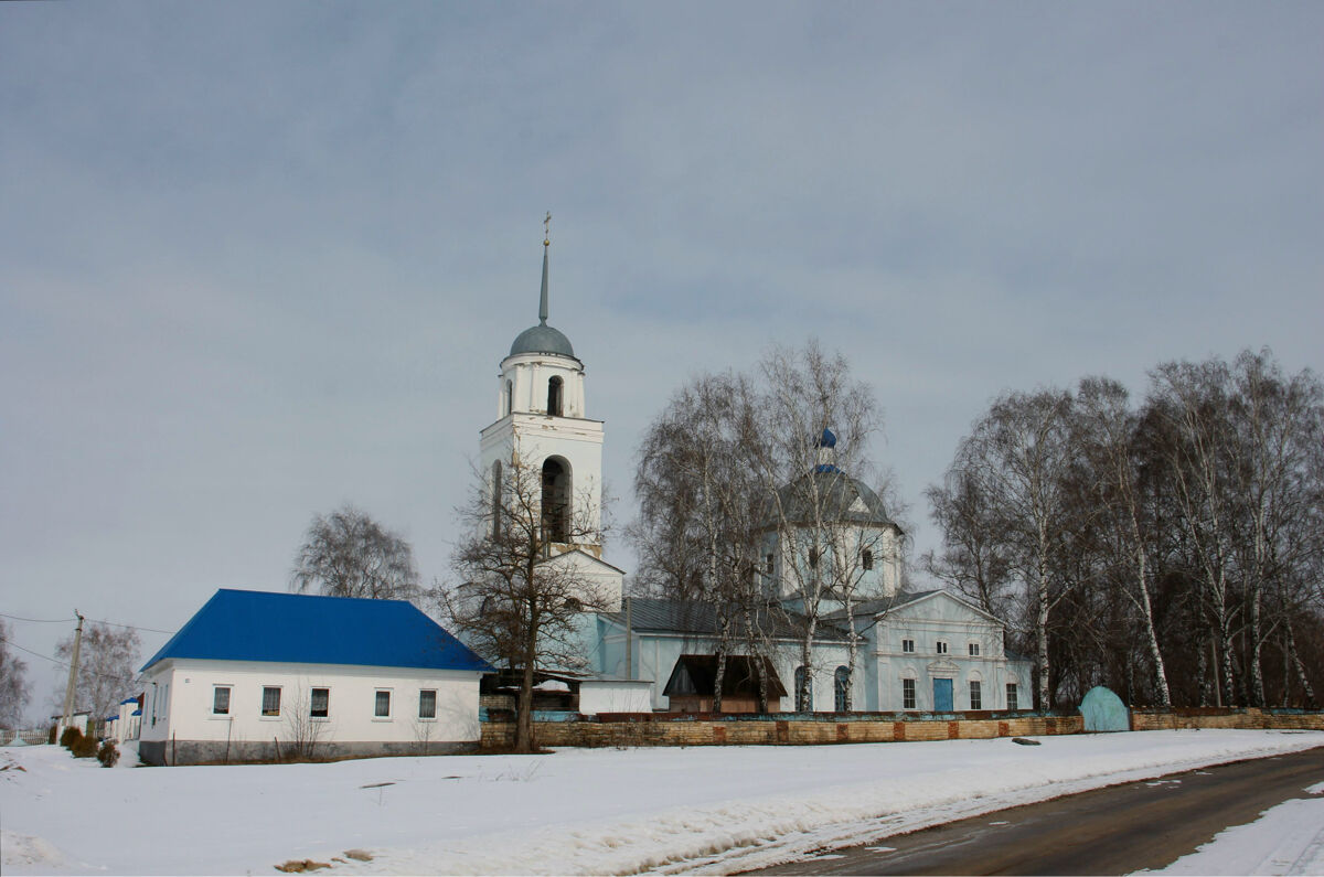 Церковь Покрова Пресвятой Богородицы, Покровское (Тербунский район, Липецкая область). фасады, Общий вид на храм и дом причта