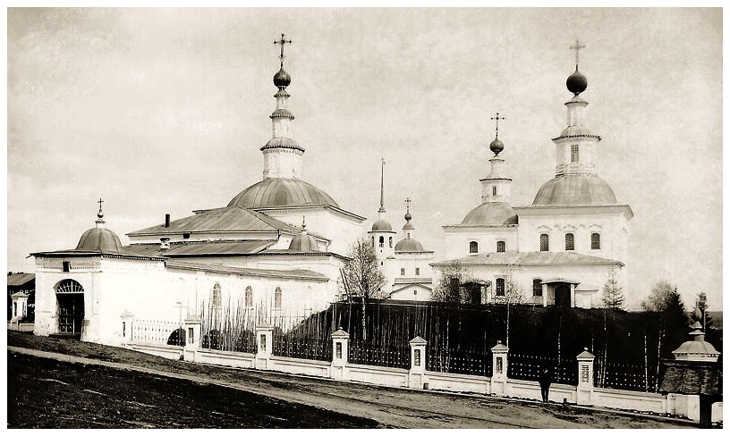 Михаило-Архангельский мужской монастырь, Усть-Вымь (Усть-Вымский район, Республика Коми). архивная фотография, Вознесенская, Благовещенская и Стефаниевская церкви. Фото нач. ХХ века из архива ИИМК РАН