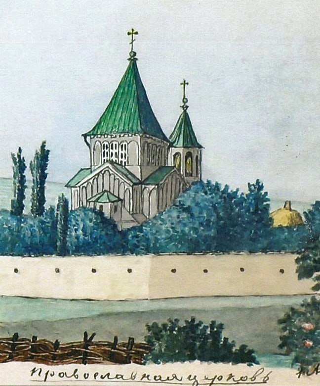 Церковь Николая Чудотворца, Ессентуки (Ессентуки, город, Ставропольский край). графика, Никольская церковь в станице Ессентукской (г. Ессентуки). Акварель А.Н. Минха. 1868 г.