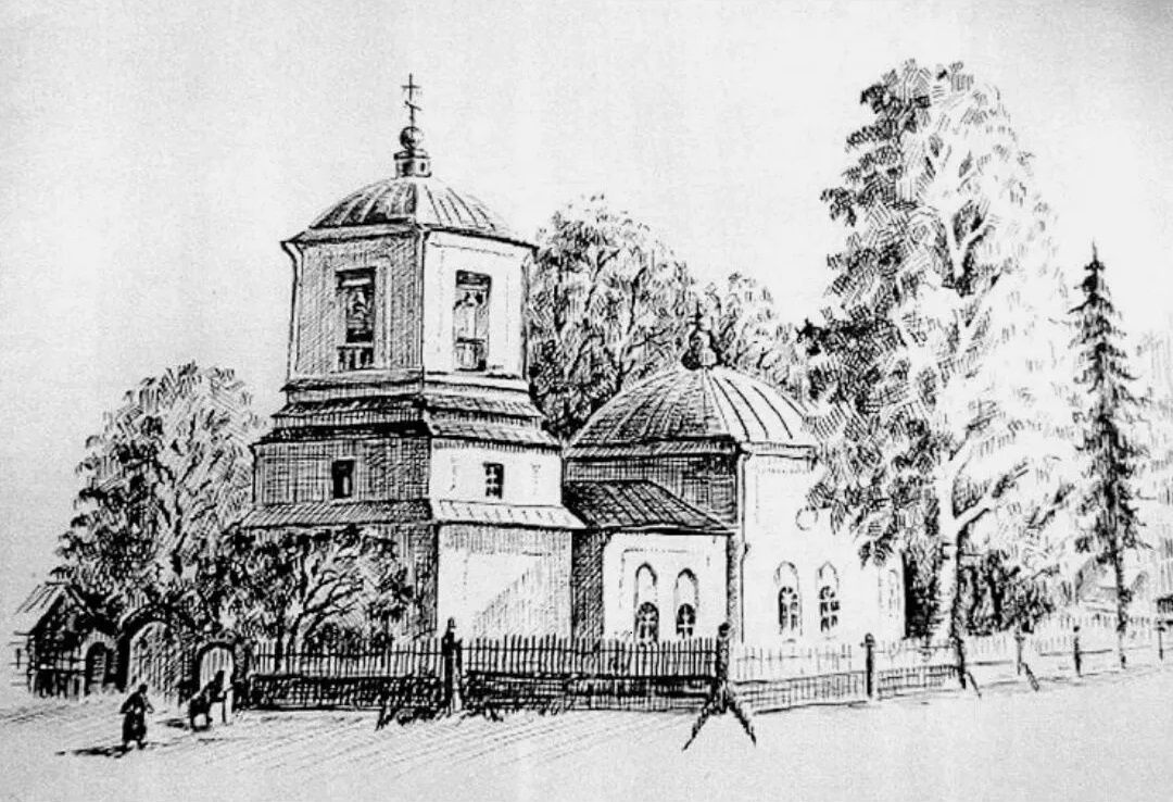 рисунок по воспоминаниям А. В. Колмогорова, графика. Церковь Воздвижения Креста Господня, Тугулым (Тугулымский район (Тугулымский ГО), Свердловская область)
