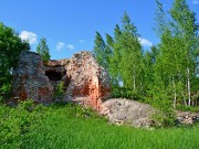 Церковь Спаса Преображения, Вид с юго-запада на руины нижнего яруса колокольни и фрагмент западной стены трапезной<br>, Митьково (Спас-Митьково), Ржевский район и г. Ржев, Тверская область
