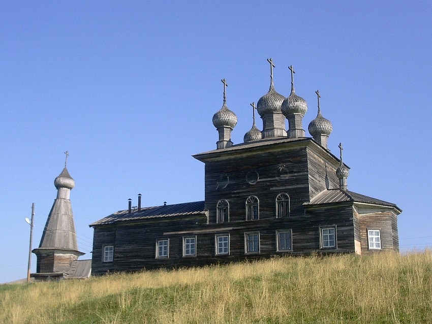 Церковь Сретения Господня, Абрамовская (Малошуйка) (Онежский район, Архангельская область). фасады, южный фасад, слева шатер Никольской церкви